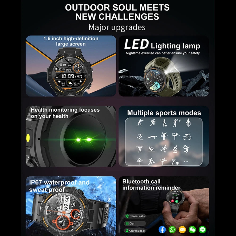 Outdoor Military Rugged Smartwatch Men GPS Sports Fitness Waterproof Watch Bluetooth Call with LED Lights Smart Watch