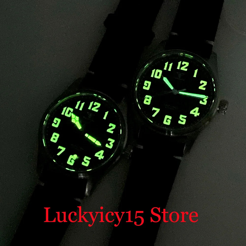 Tandorio Automatic Pilot Watch 39MM 20ATM NH35/PT5000 Movement Wristwatch Leather Strap Sapphire Green Lume Vintage Black Dial