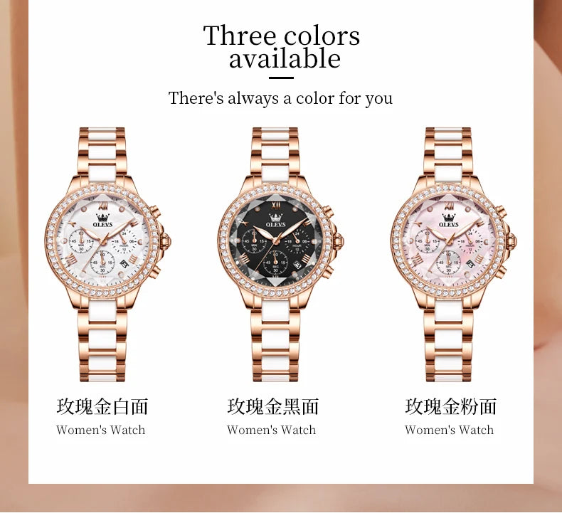 OLEVS Diamond Quartz Watch for Women Luxury Elegant Ceramics Strap Rhombic Mirror Ladies Wristwatch Waterproof Chronograph Clock
