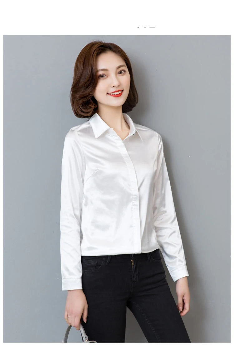Women silk satin blouse button long sleeve lapel ladies office work elegant female silk blouses shirts
