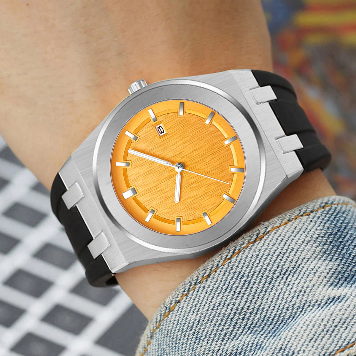 PINTIME Simple Men's Watch Fashion Leisure Sports Silicone Watch Automatic Date No Logo Round Waterproof Quartz Watch