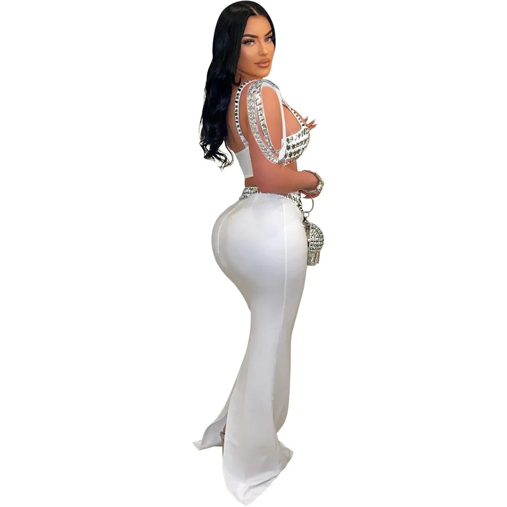 Women Dress Sets Floor Length Buttocks Skirts Two Pieces Set Matching Sets Diamonds Camisole High Street Party Night Evening