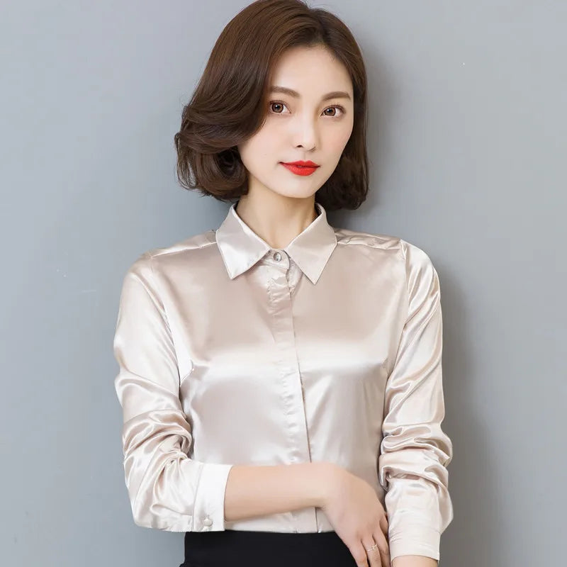 Women silk satin blouse button long sleeve lapel ladies office work elegant female silk blouses shirts
