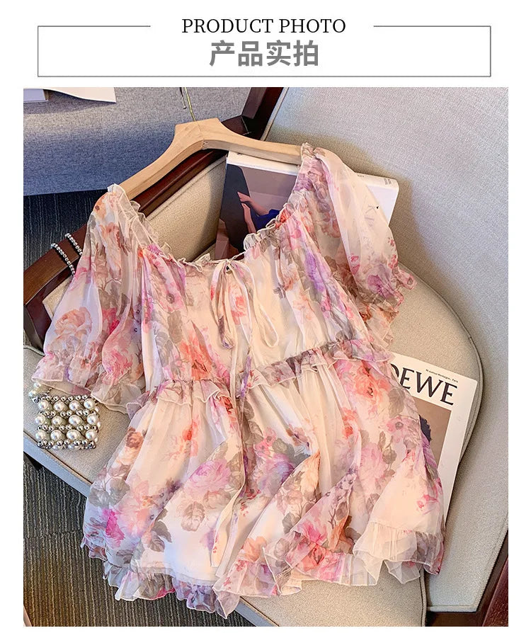 150Kg Plus Size Women's Bust 130-150 Summer Chiffon Shirt Thin Floral Top Decor 5XL 6XL 7XL 8XL 9XL