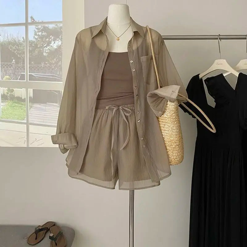 Women's three-piece summer new thin sunscreen shirt top+slim suspender vest+loose Joker shorts.