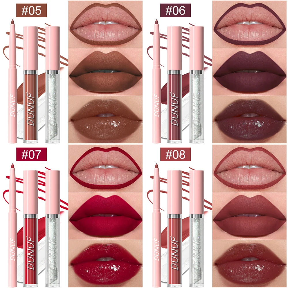 Matte Lip Liner Lip Gloss Lip Oil Set, 3-in-1 Waterproof Non-sticky Long-Lasting Lipstick, Nude Deep Red Mauve, Christmas Makeup