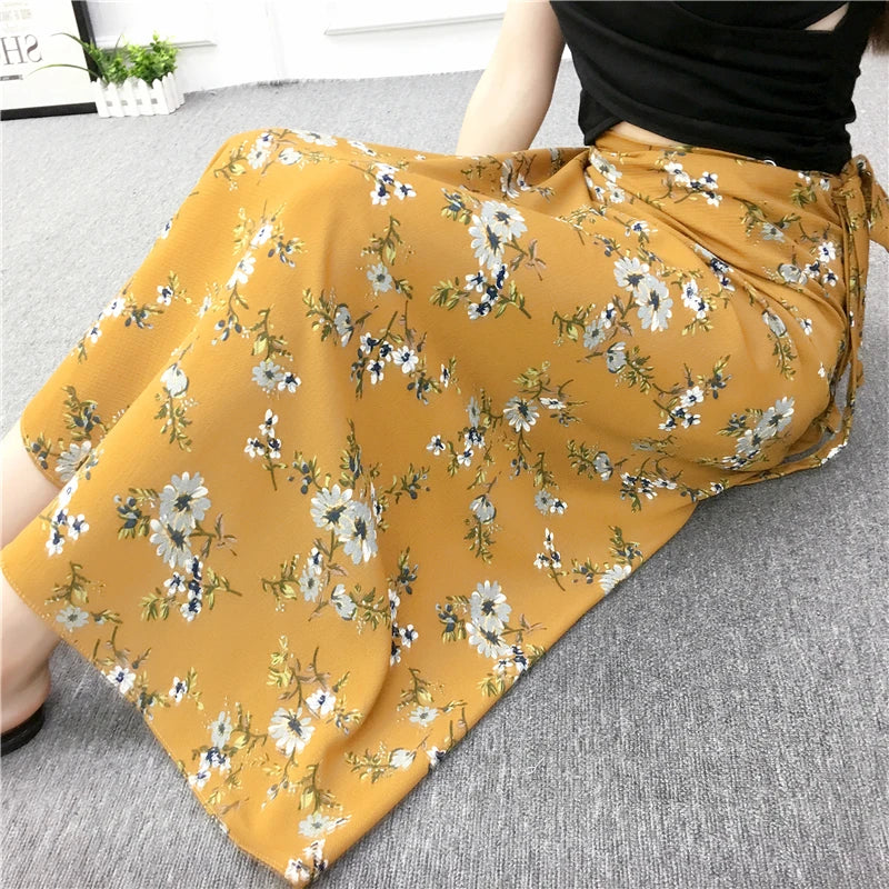 Vacation Style Wrap Skirt Beachside Long Skirt Women's High Waist A-Line Midi Skirt Floral Print One-Piece Summer Spring