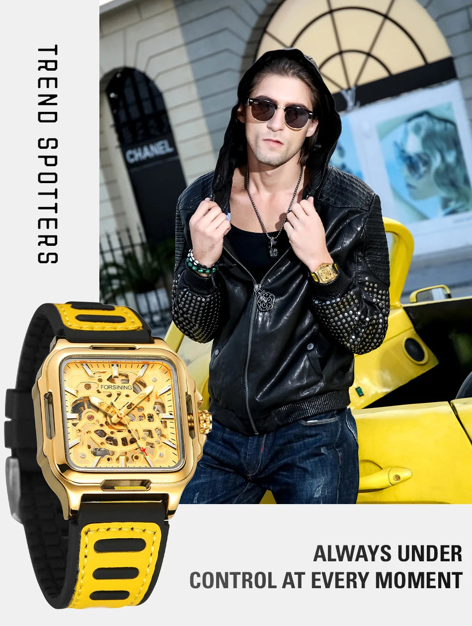 FORSINING Original Square Skeleton Mechanical Man Wristwatches Automatic Movement Field Sports Waterproof Silicone Replica Watch