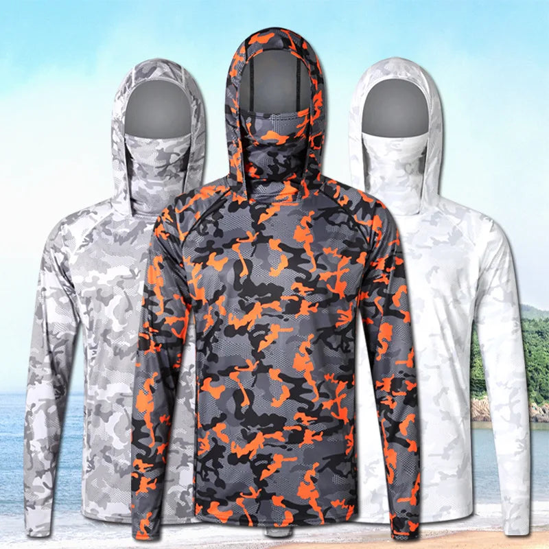 Camouflage Fishing T-shirt with Face Mask Long Sleeve Ice Silk Summer Fishing Shirt Breathable Sunscreen Hooded Fishing Top