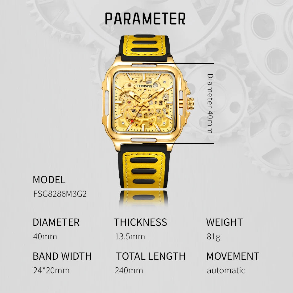 FORSINING Original Square Skeleton Mechanical Man Wristwatches Automatic Movement Field Sports Waterproof Silicone Replica Watch