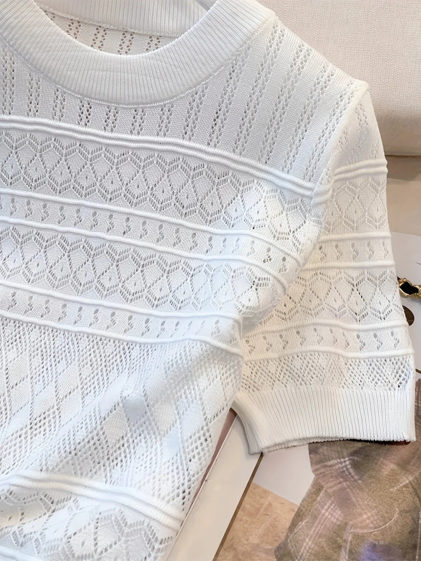 2026 New  Summer Thin Hollow Out Crew Neck Pullover Sweater Versatile Short Sleeve Knitted Top For Spring & Women's Clothing