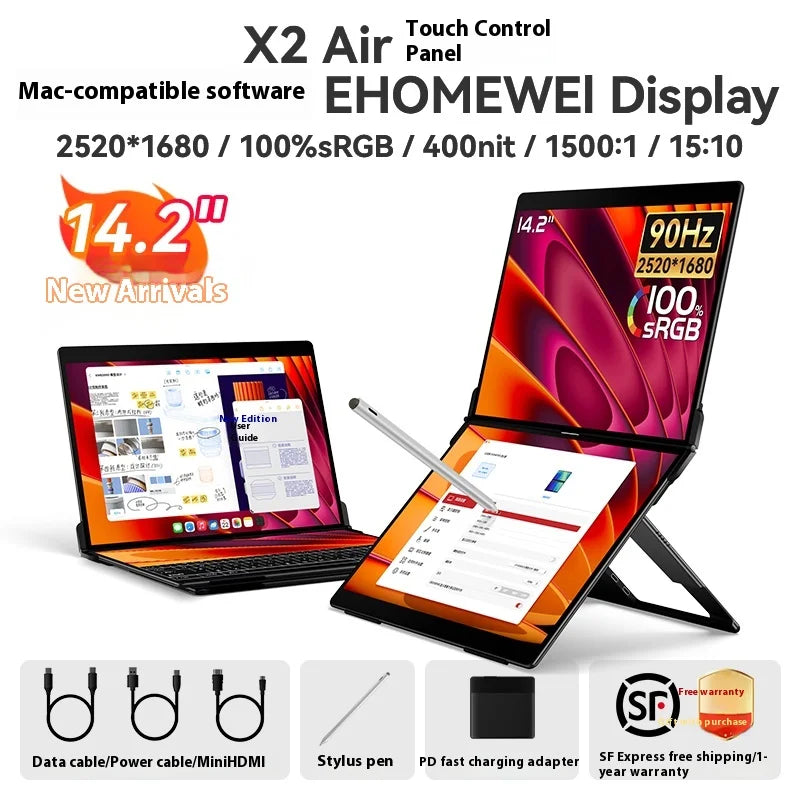 EHOMEWEI Dual Screen Portable Monitor X2 Pro Drive-free Phone-touch 2K 16” For Laptop Win Macbook