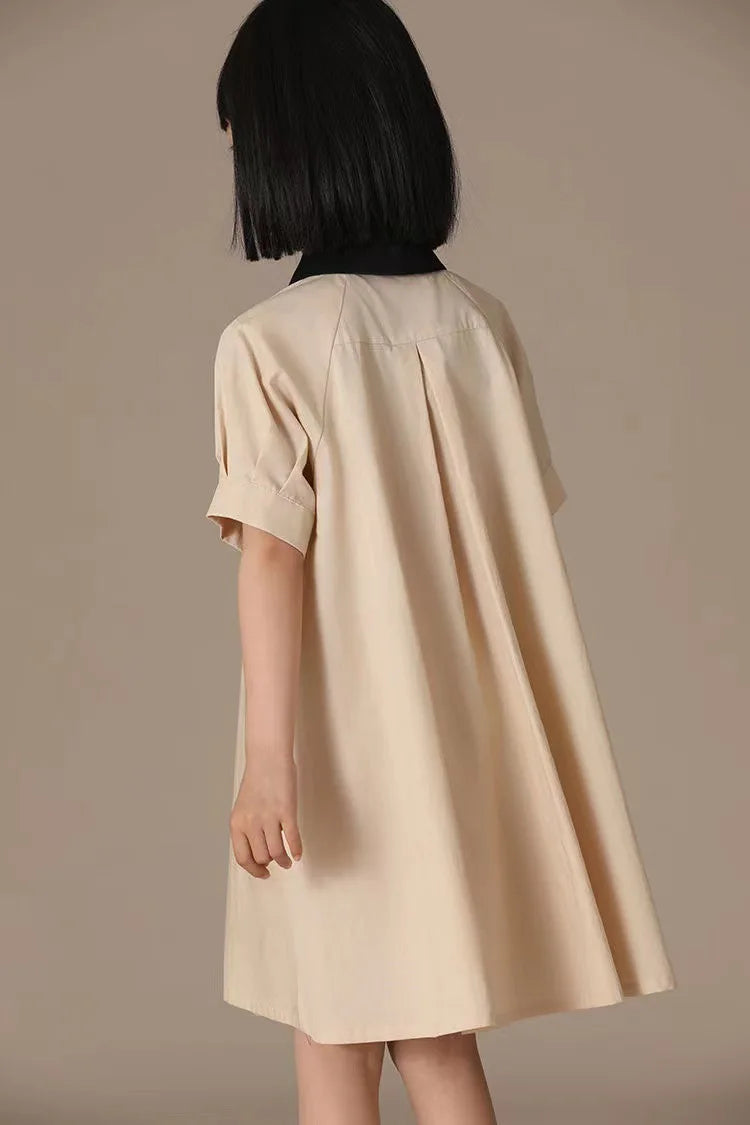Girls Dress 2025 Spring Summer New Simple Temperament Cotton Contrasting Turn-down Collar Double Breasted Short Sleeved Dress