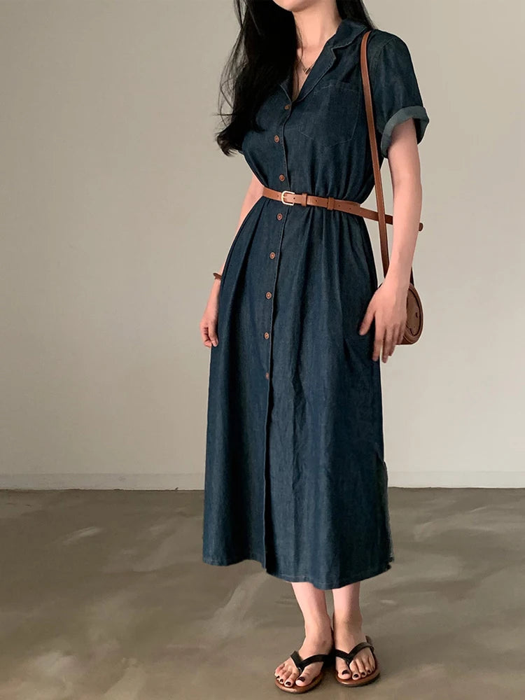 Slimming Chic Retro Chic Long Dr with Belt High Waist A-Line Skirt ort Sve Korean Sle Commute Dr Denim Dr