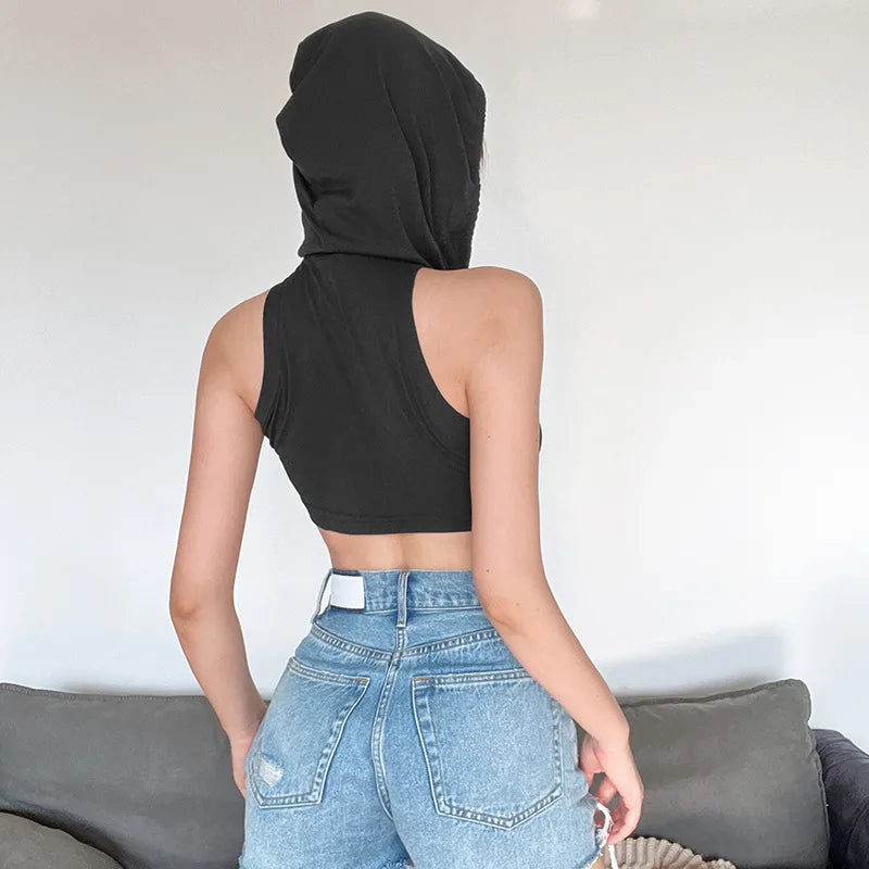 Summer Fashion Trend Solid Colour Y2k Tops New Casual Hooded Lace-Up Crop Top Sexy Slim High Neck Sleeveless Women Clothing