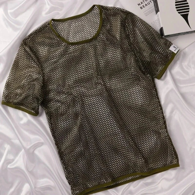 Summer Men's T Shirts Mesh Hollowed Sheer Short-Sleeved Breathable Blouse Sports Streetwear Shirt Fitness Transparent Tee Shirts