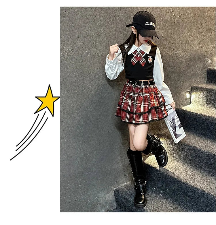 junior girls JK clothes Set Child Internet Celebrity Street Uniform suit Splicing shirt+checkered cake skirt+belt kids outfits