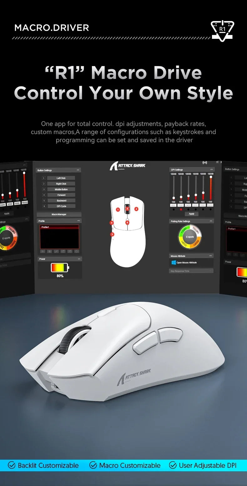 Attack Shark R1 Wireless Mouse Lightweight Ergonomic DesignMouse 1000Hz Bluetooth Tri-mode Connection 18000dpi Optical Mouse