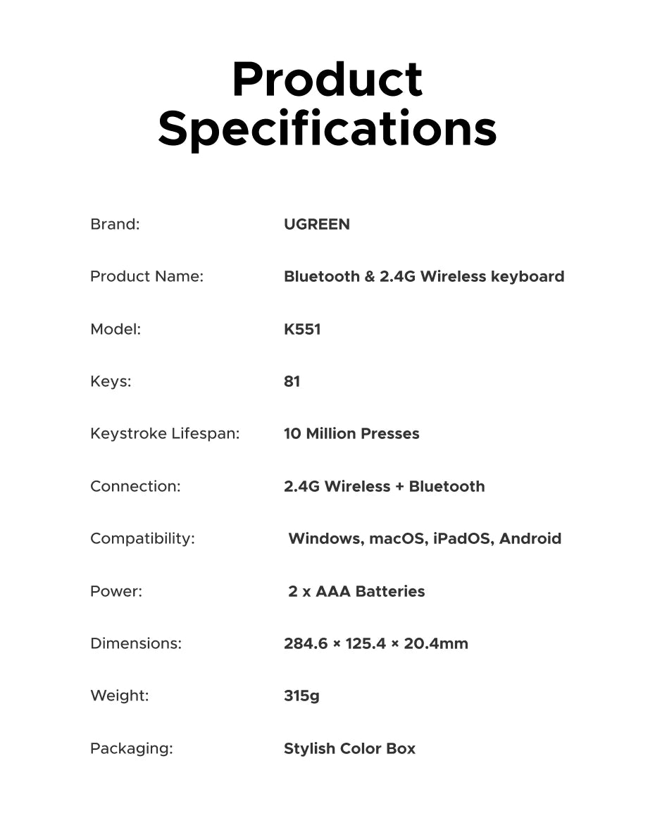UGREEN Wireless Keyboard Bluetooth 5.3 & 2.4G Wireless Russian/EN 78 Keycaps For MacBook iPad PC Tablet