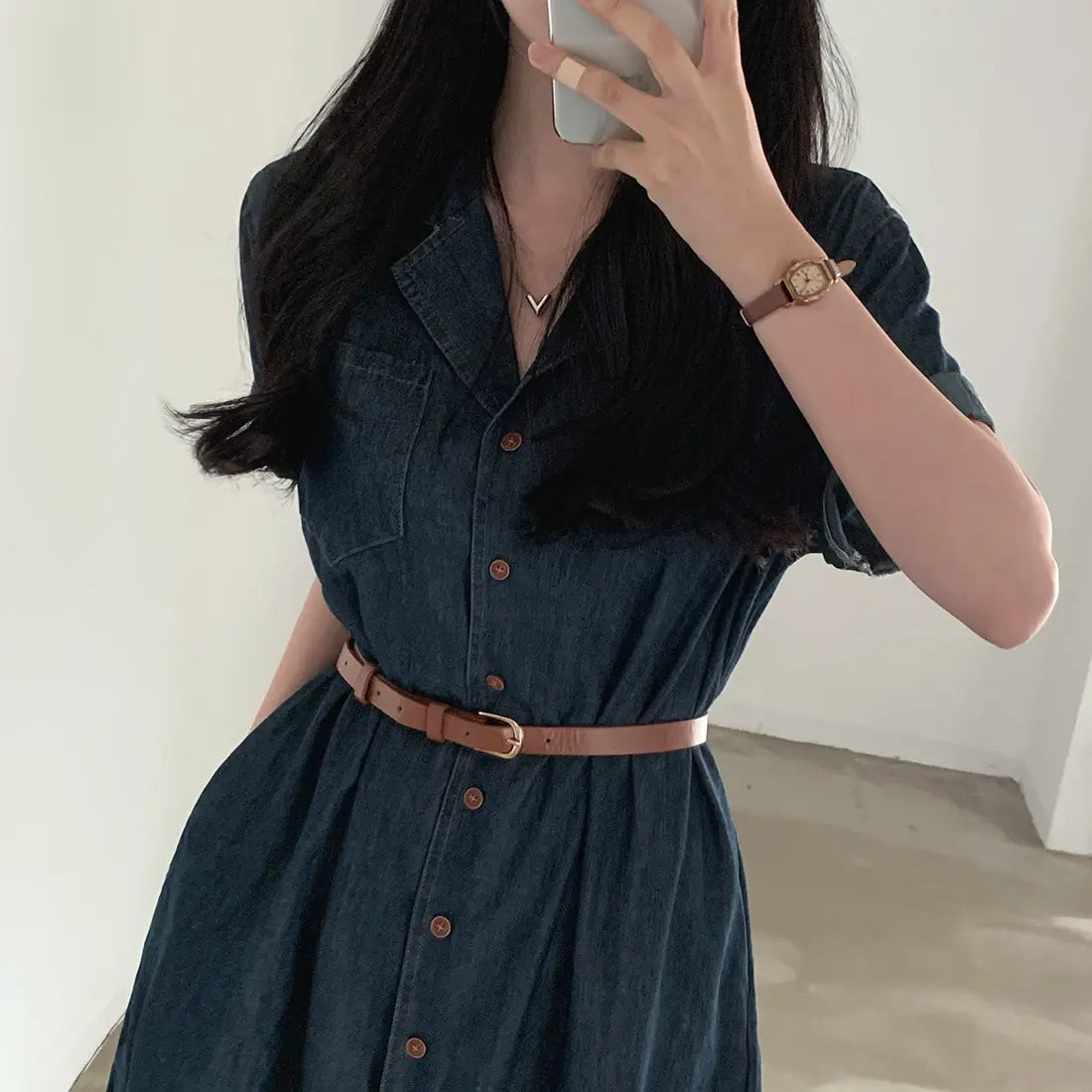 Slimming Chic Retro Chic Long Dr with Belt High Waist A-Line Skirt ort Sve Korean Sle Commute Dr Denim Dr