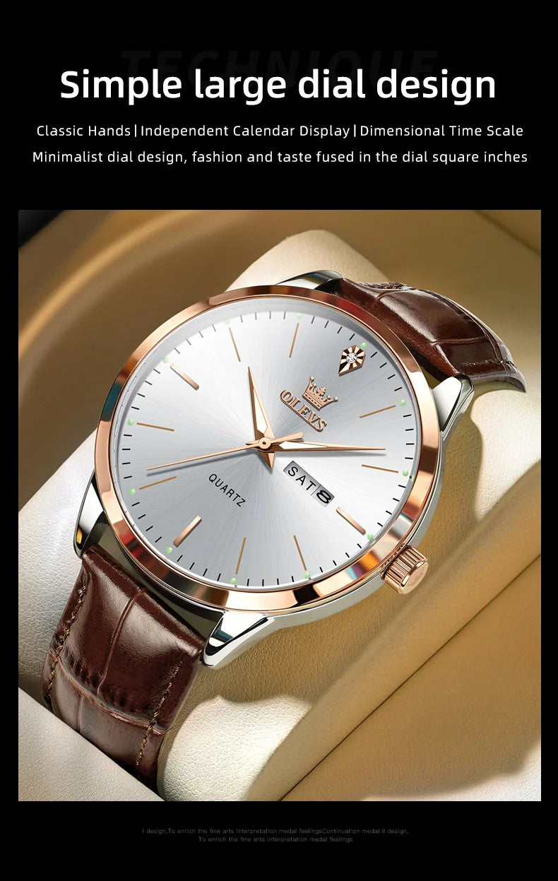 OLEVS 2935 Original Business Men Watch Leather Strap Trend Week Calendar Quartz Watch Luminous Waterproof 43mm Dial wristwatch