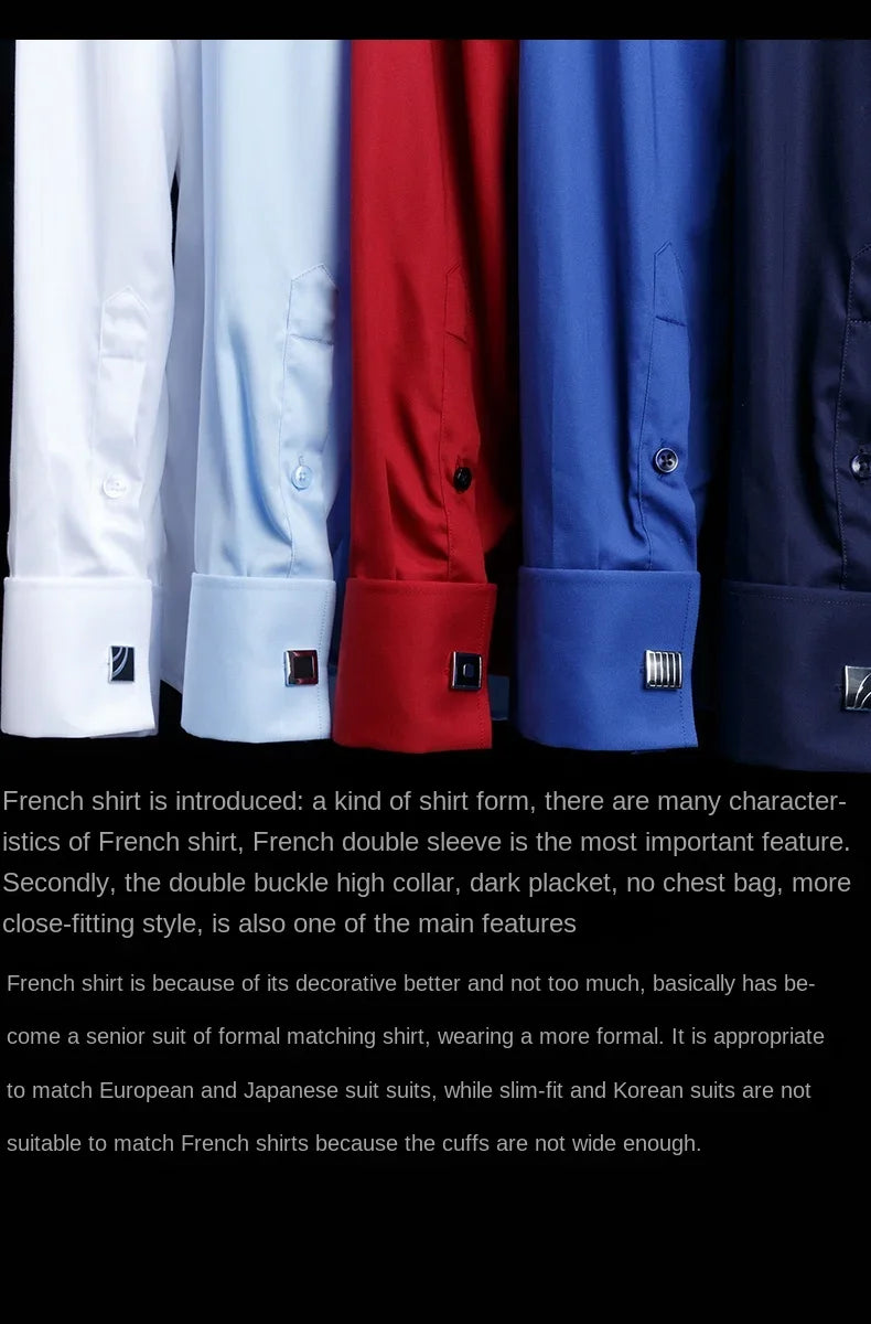2026 Iron Free French Cufflink Long Sleeves Slim Fit 100% Cotton  Men's Concealed Buttons Solid Color High-end Wedding Dress
