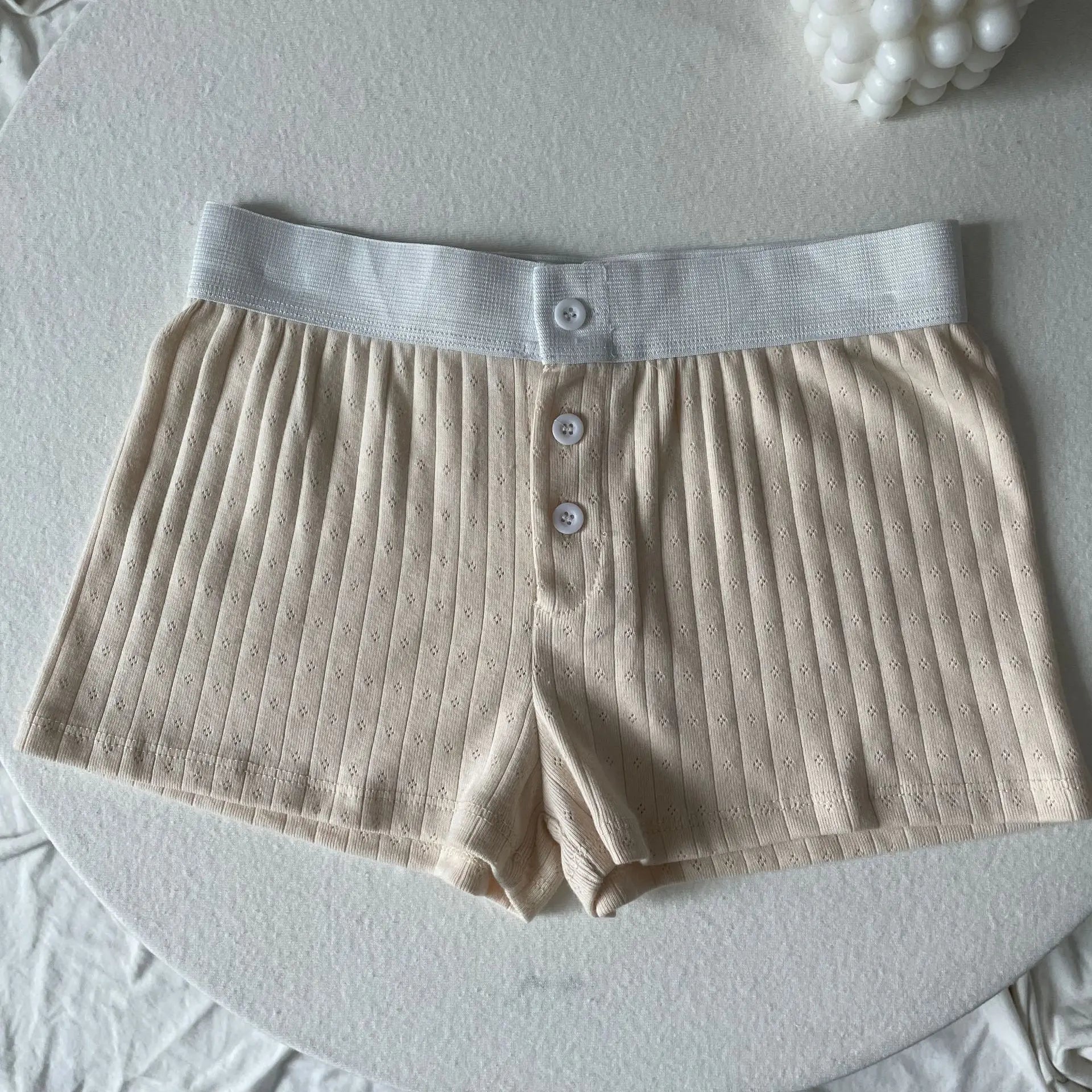 Floral Eyelet Cotton Boy Shorts Woman Summer Three Buttons Patchwork Elastic Waist Straight Short Pant Sweet Cute Home Underwear