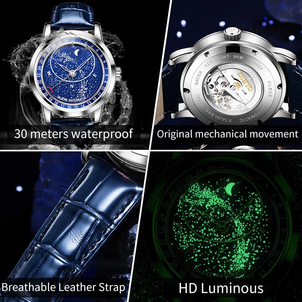 OLEVS 9923 Mens Watch Luxury Original Automatic Mechanical Watch Leather Strap Waterproof Luminous Starry Dial Watch For Men