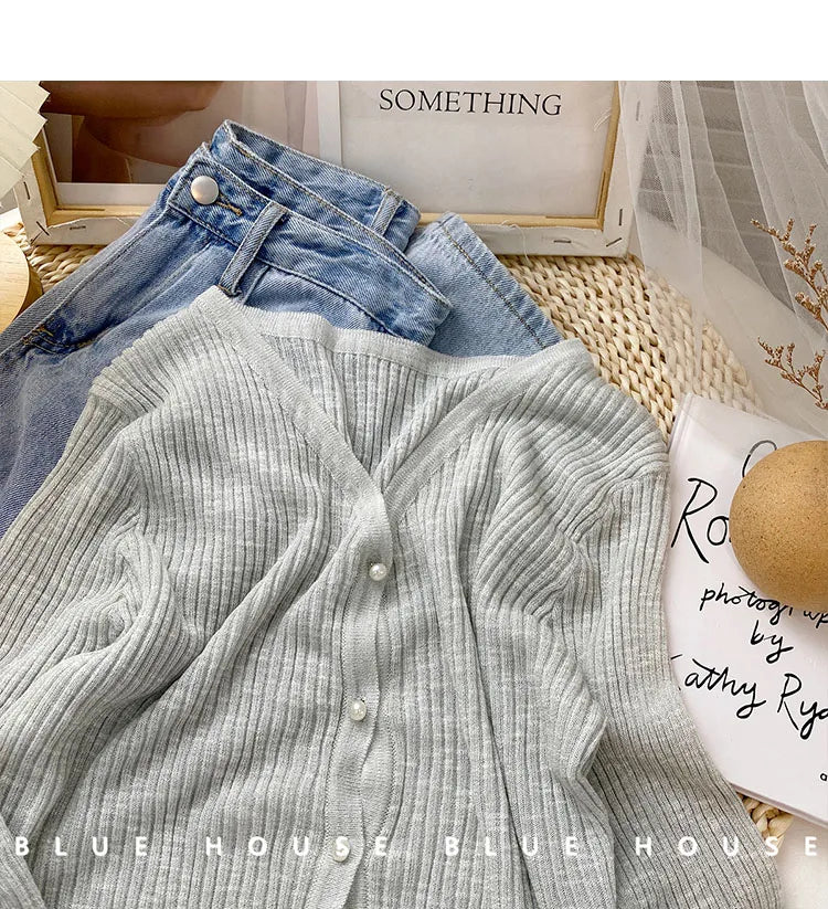 Women 2026 Spring Summer Short Pearl Button Thin Casual Coat Gentle Ruffle Trim Long Sleeve Ice Silk Sunscreen Knitted Cardigan