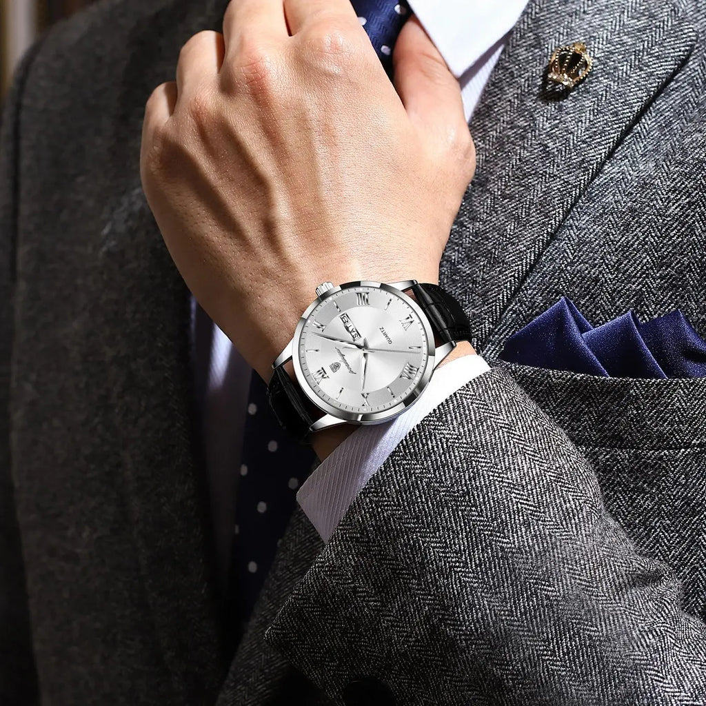 POEDAGAR Classic Luxury Men's Wristwatch Date Week Leather Business Man Watch Waterproof Luminous Fashion Quartz Watches For Men