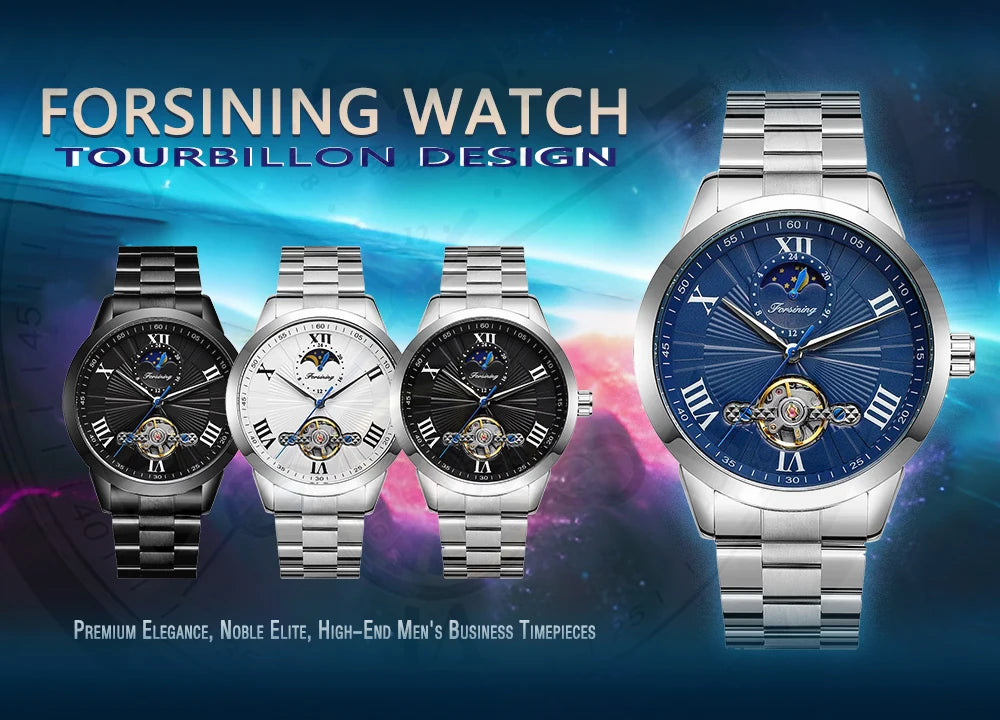 Forsining Men's Automatic Tourbillon Moon Phase Mechanical Watch Stainless Steel 3ATM Waterproof Luxury Design Business Style