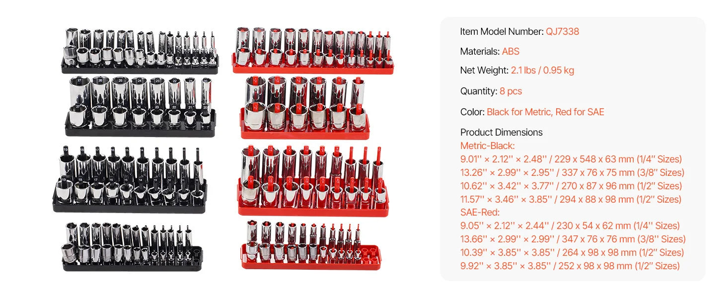 VEVOR 8PCS Socket Organizer Tray Set 1/4'' 3/8'' & 1/2'' Metric SAE Socket Holder up to 176PCS Standard & Deep Sockets for Tools