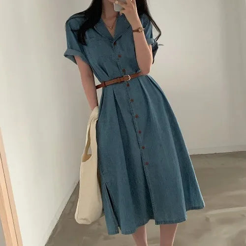 Slimming Chic Retro Chic Long Dr with Belt High Waist A-Line Skirt ort Sve Korean Sle Commute Dr Denim Dr