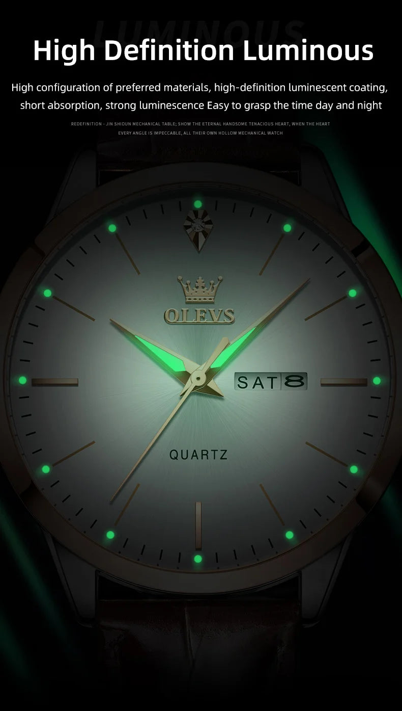 OLEVS 2935 Original Business Men Watch Leather Strap Trend Week Calendar Quartz Watch Luminous Waterproof 43mm Dial wristwatch