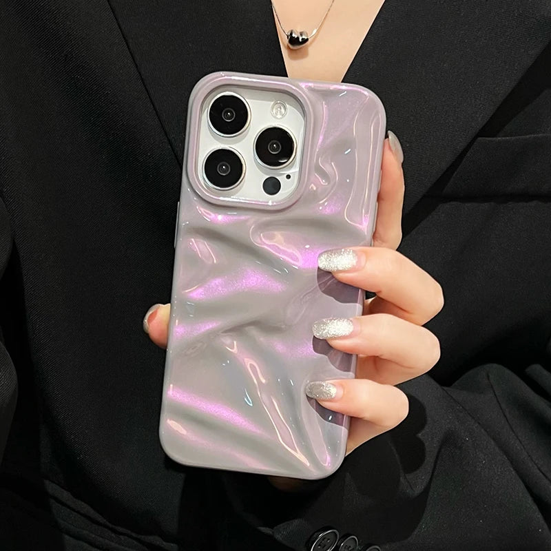 Fashion Dazzling Purple Glossy Wrinkled Texture Case For iPhone 16 Pro Max 17 15 14 Plus 13 12 11 Soft Phone Back Cover Shell