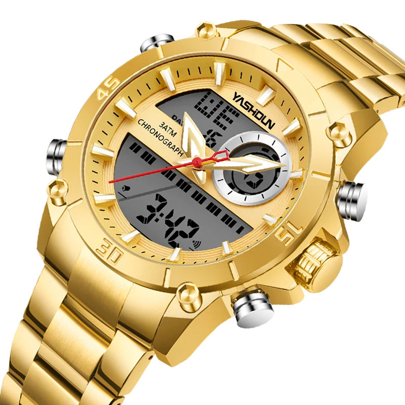 Multi-functional sports men's watch with dual movement electronic steel band luminous waterproof quartz wristwatch