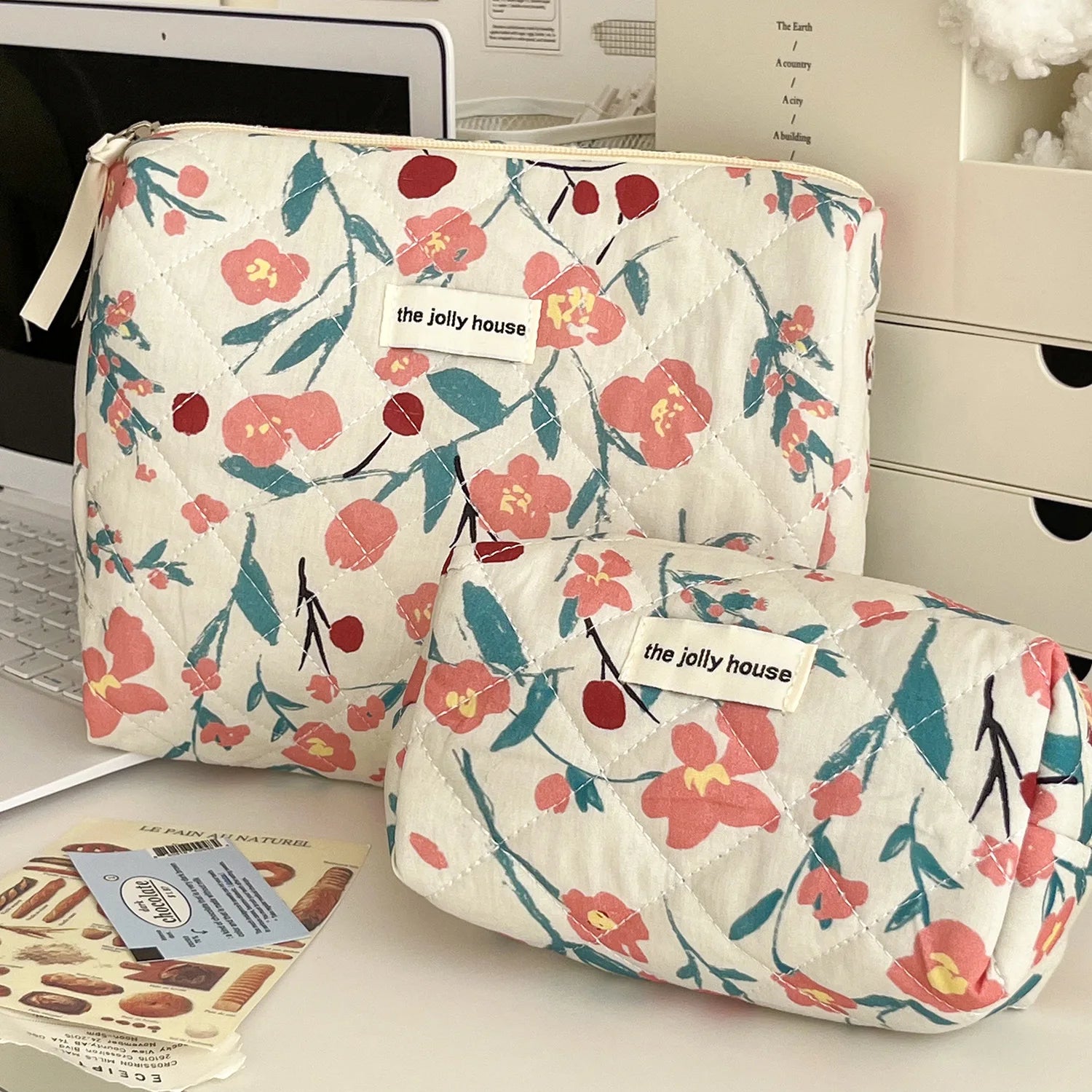 1pc/Set Pink Flower Print Makeup Bag Premium Travel Organizer Cosmetic Bag Makeup Bag Pouch Skincare Bag Toiletry Bag