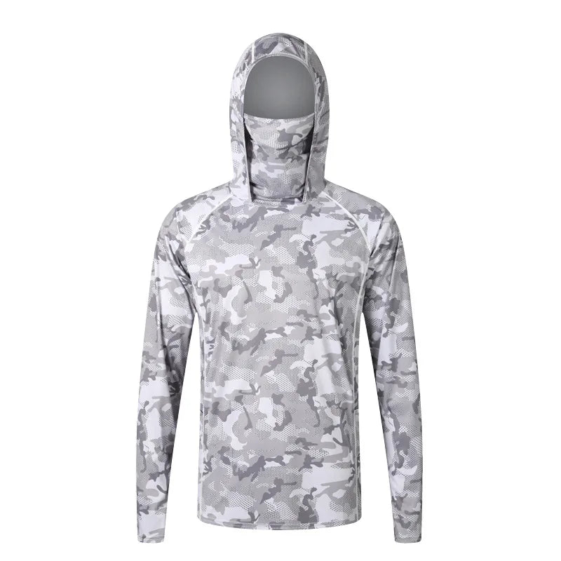Camouflage Fishing T-shirt with Face Mask Long Sleeve Ice Silk Summer Fishing Shirt Breathable Sunscreen Hooded Fishing Top