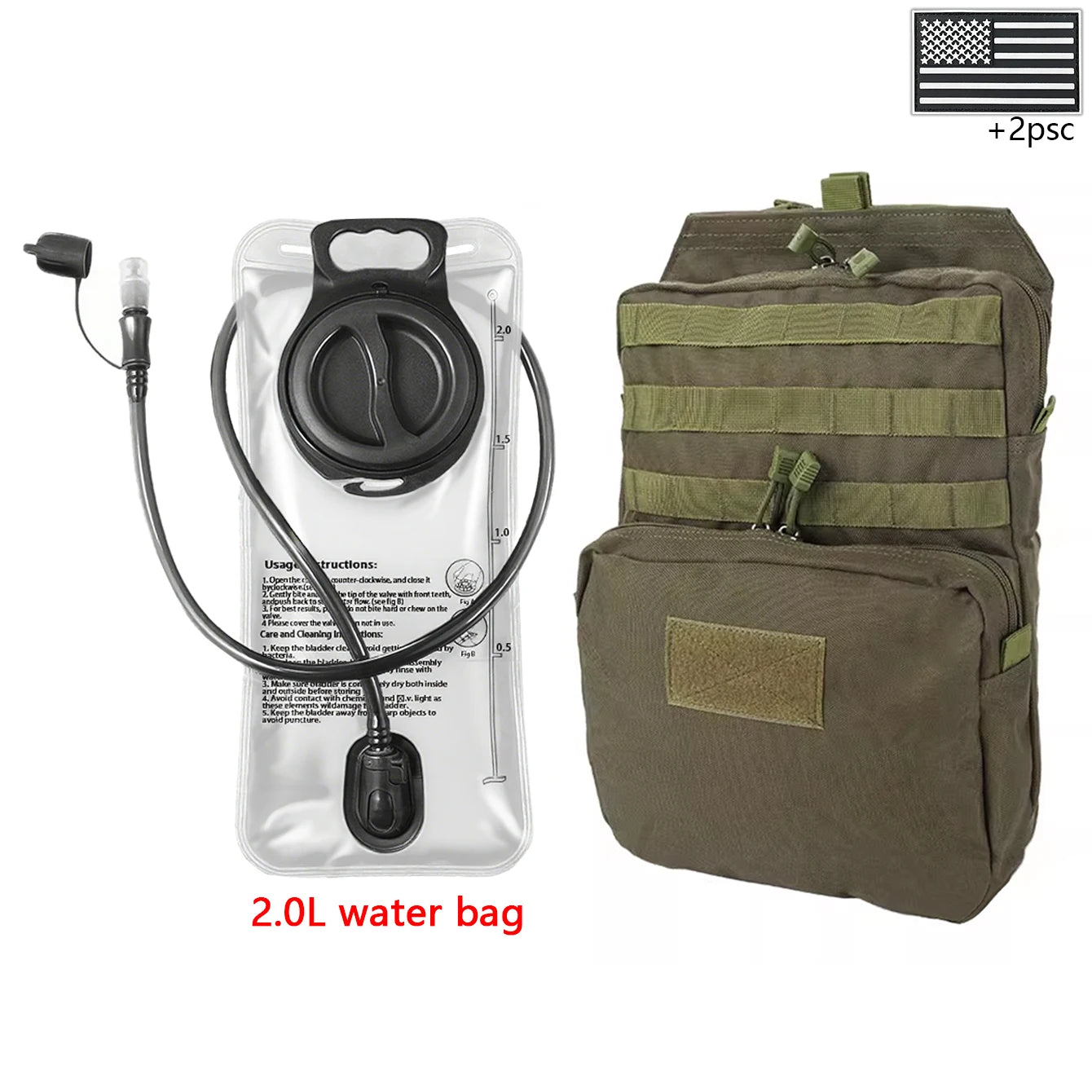 Outdoor sports drinking equipment: 2L large-capacity water bag + molle backpack, suitable for hiking, camping, and cycling