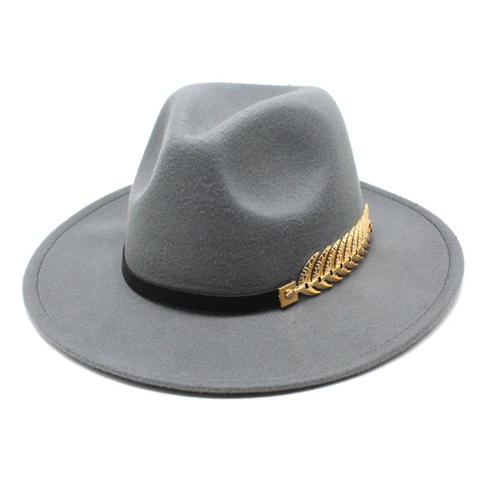 Large Brimmed Woolen Hats Formal Occasion Leaf Decoration Fedora Hat Performance Cap Casual British Vintage Hats Men Women