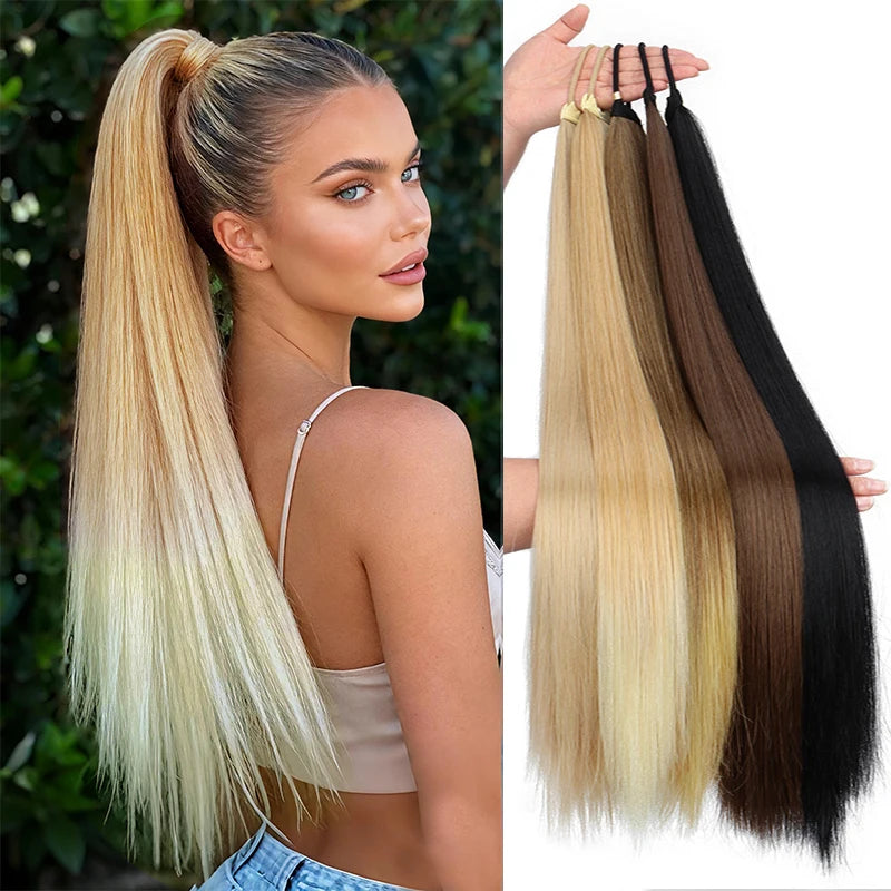 Women's Straight Ponytail Hair Extension Synthetic Long Straight Hair with Elastic Band,Adds Volume&Length,Perfect for Parties