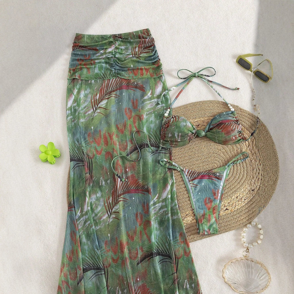 Vacation Beach Solid Color Sexy Bikini Top Top Hip-covering Long Skirt Three-piece Set