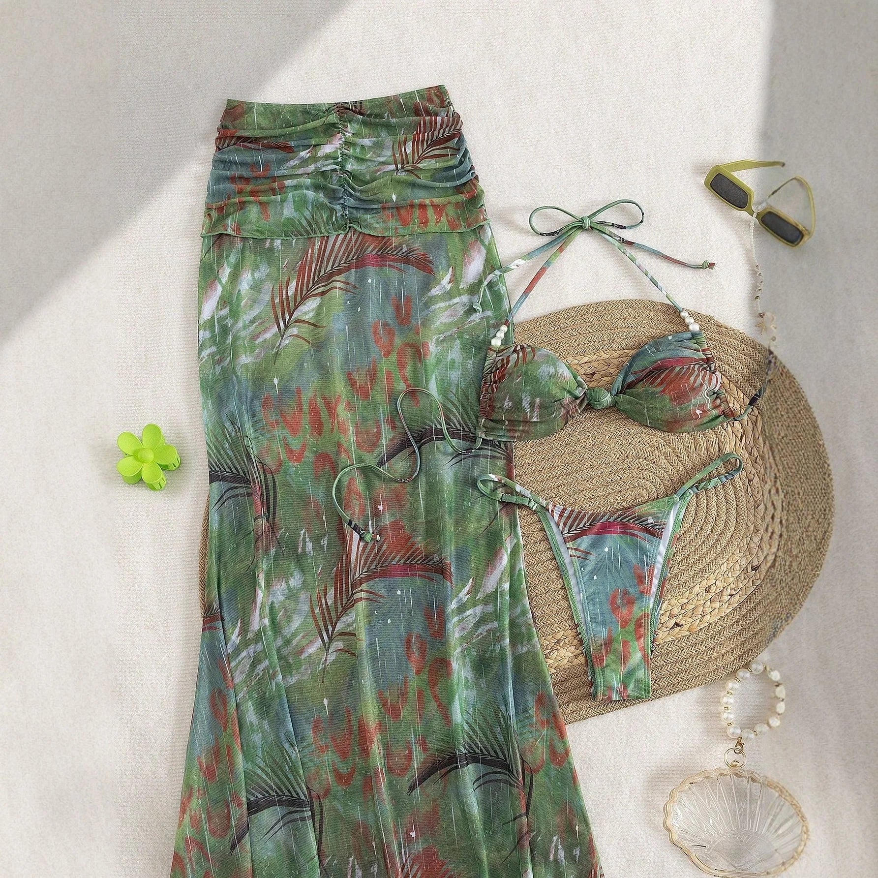 Vacation Beach Solid Color Sexy Bikini Top Top Hip-covering Long Skirt Three-piece Set