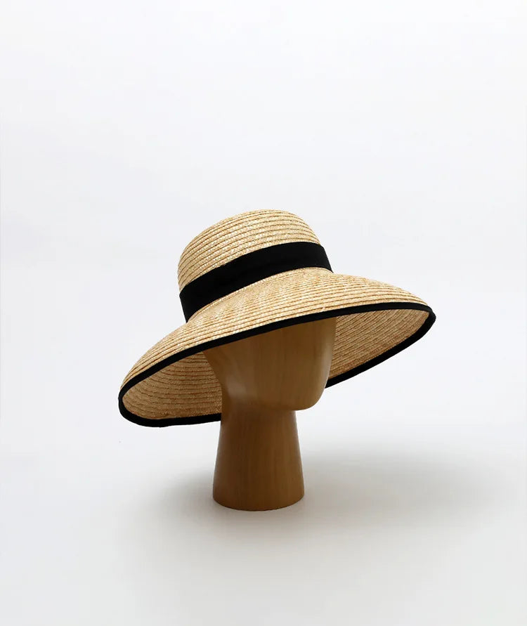 Wide-Brimmed Black-Trimmed Straw Hats for Women Summer Vintage French-Style Elegant Hepburn Wide-Brimmed Woven Caps Gorras