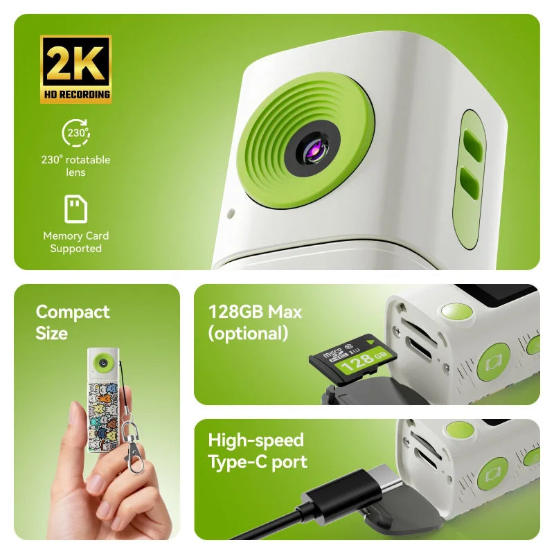 Lenovo 2K Sports Camcorder Lipstick Mini Camera 230° Rotatable Lens Compact Portable LCD Screen For Students Outdoor Photography
