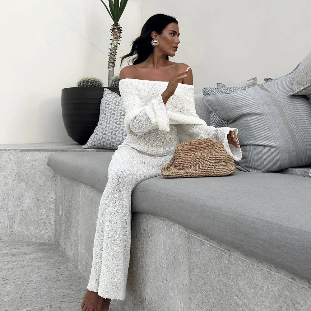 Fashion Style Knitted One-Shoulder See-Through Beachwear Cover Up Women's Beach Vacation Sunscreen Dress Elegant Long Dress