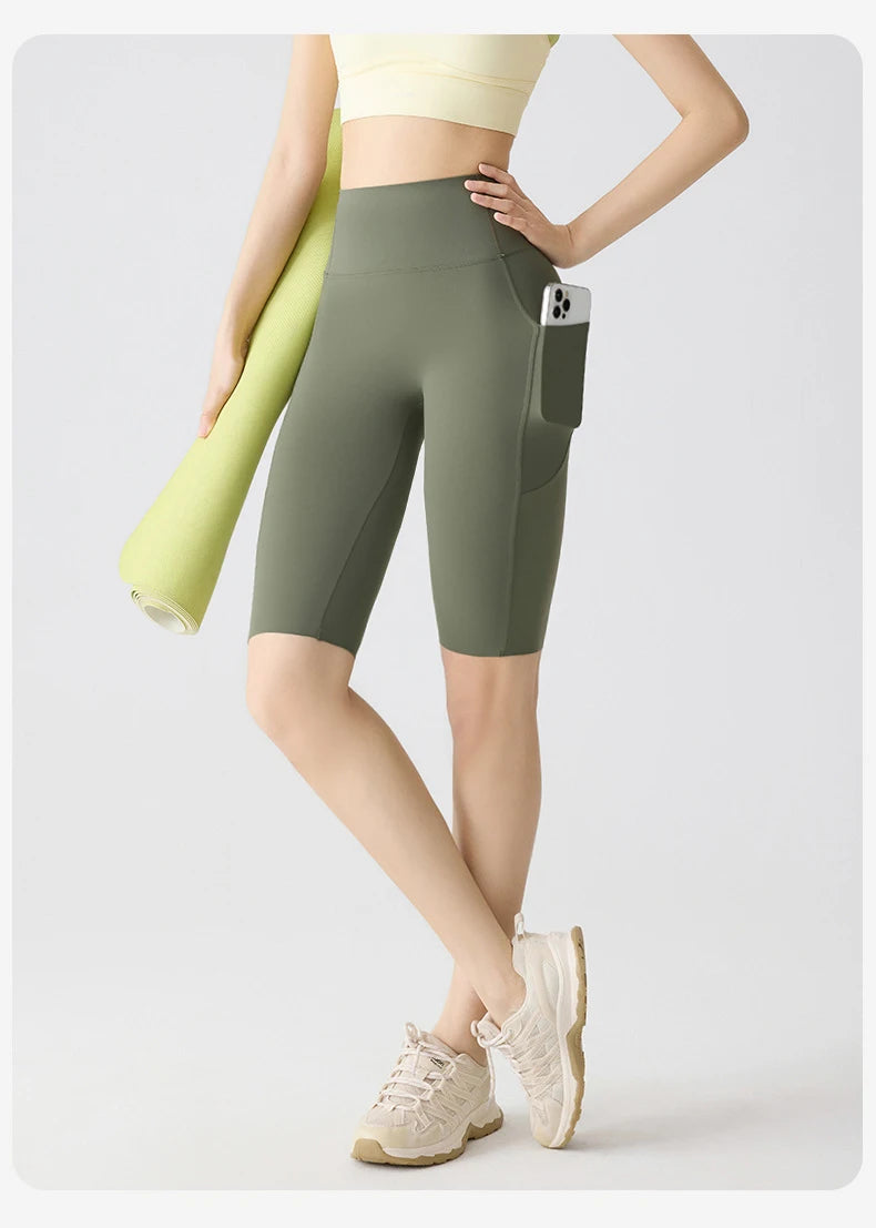 BIVIGAOS Summer Pocket Yoga Sharkskin Bicycle Shorts Women Thin High Waist Push Up Naked Feeling Sports  Fitness Cycling Shorts
