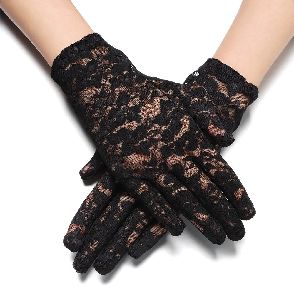 Women Fashion Bride Lace Driving Gloves Thin Lace Sunscreen Female Short UV Protection Gloves Goth Party Hollow-Out Mittens