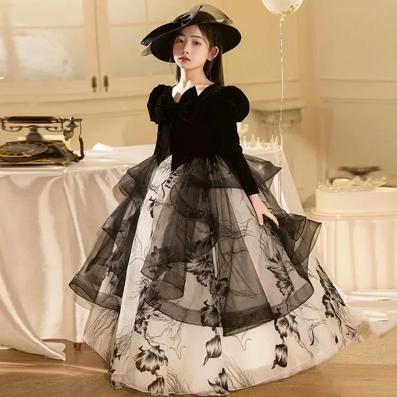 Girls' Spring Dress 3-14y Sweet Girls Floral Puff Long Sleeve PrincessCostumes Vestidos Dresses Kid's Clothes Children's Mes