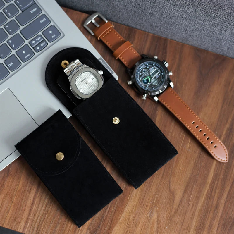 IBBETON Watch Bag Blue and Black and Brown Flannelette Gift Bag Travel Storage Case Durable Portable Watch Dust Protection Case